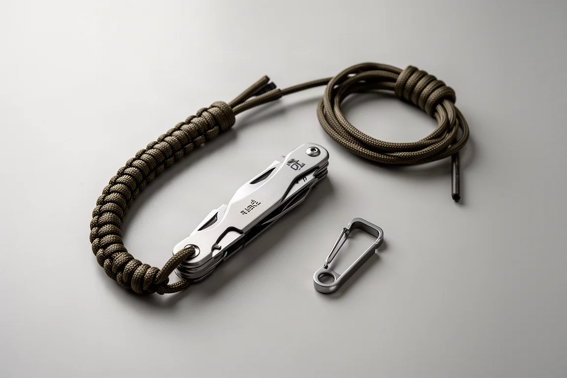 Slender multi-tool laid flat next to a folded lanyard on a desk