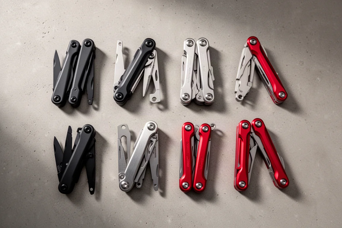 Nine multi-tools of varied sizes and finishes arranged on a concrete surface