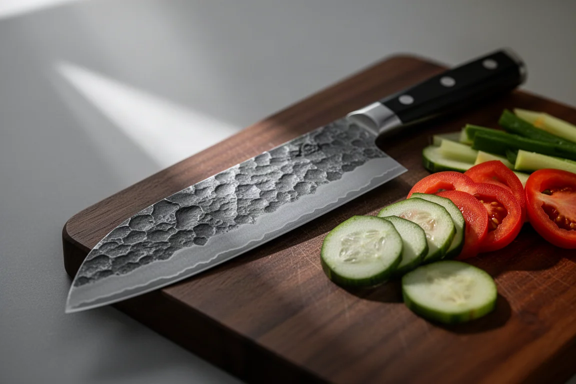 Couteau de cuisine japonais à lame grise texturée posé sur une planche en bois