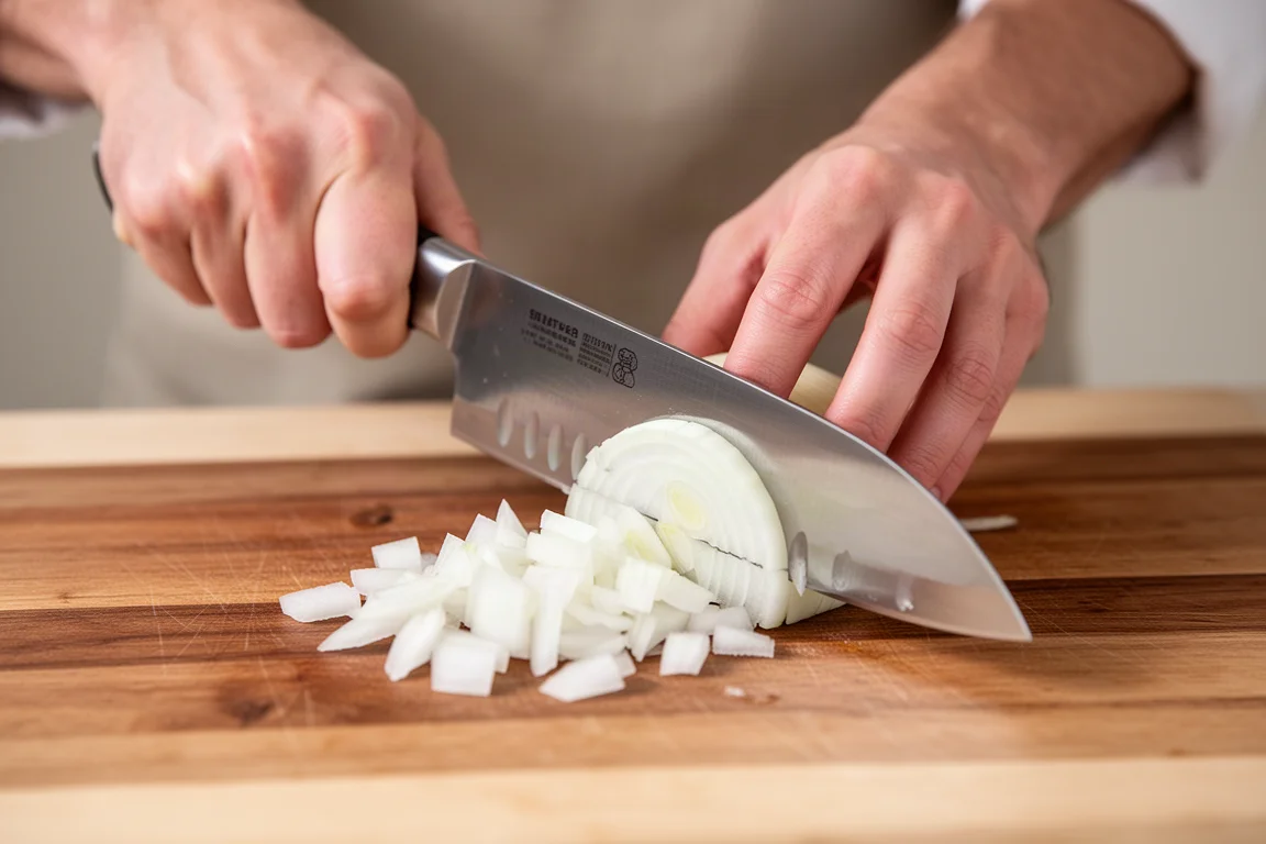 Un chef émince finement un oignon avec une pointe de couteau fine