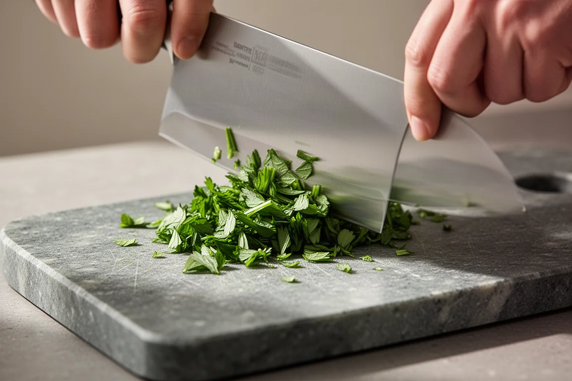 Le talon du couteau bascule à travers des herbes sur une planche à découper