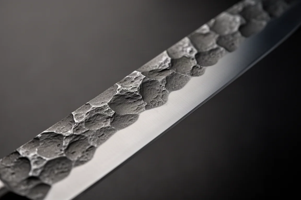 Finition de lame grossièrement texturée captant une lumière douce dans une cuisine tamisée