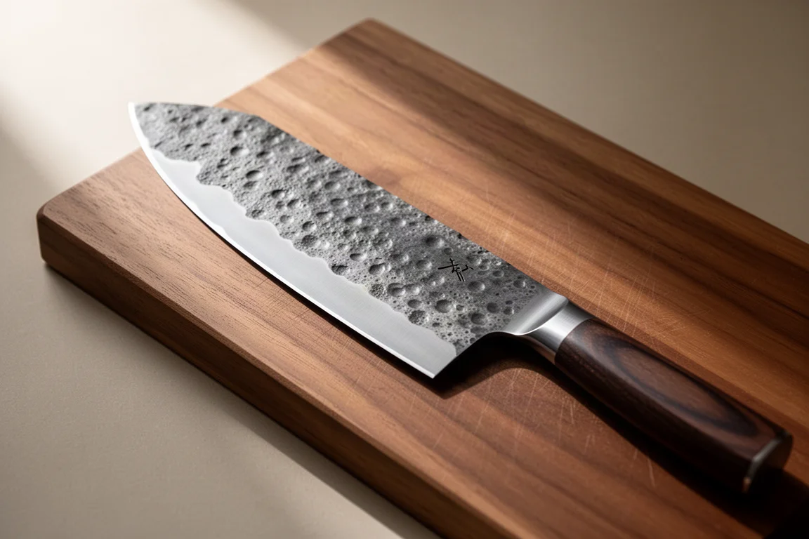 Japanese santoku knife with textured grey blade on a wooden cutting board