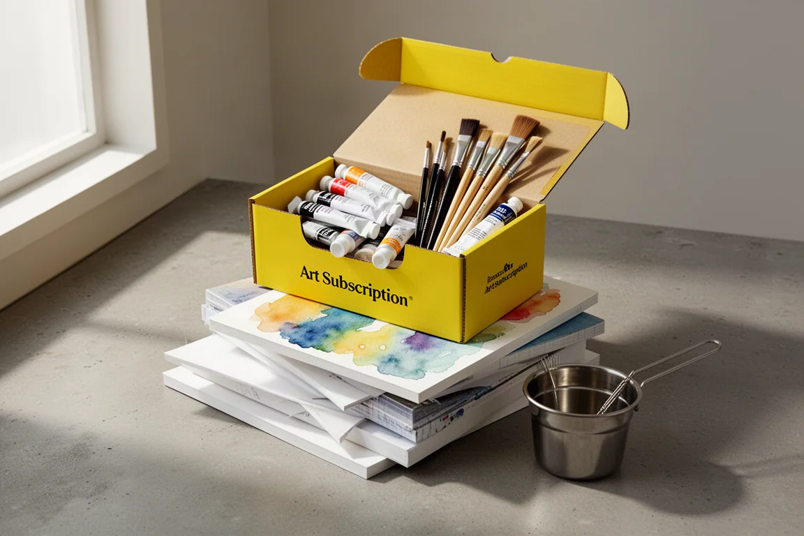 Pila di box d'arte in abbonamento aperti con colori, pennelli e carta che fuoriescono