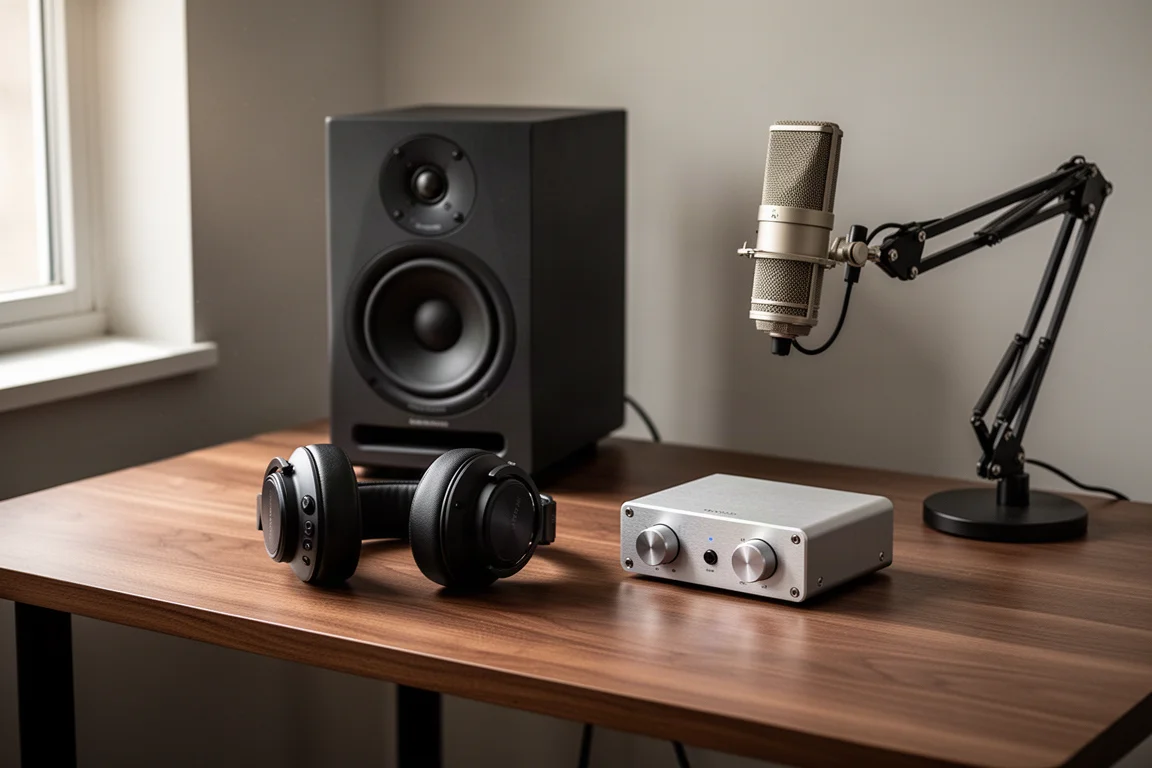 Home studio desk with monitor speaker, headphones, audio interface and condenser microphone