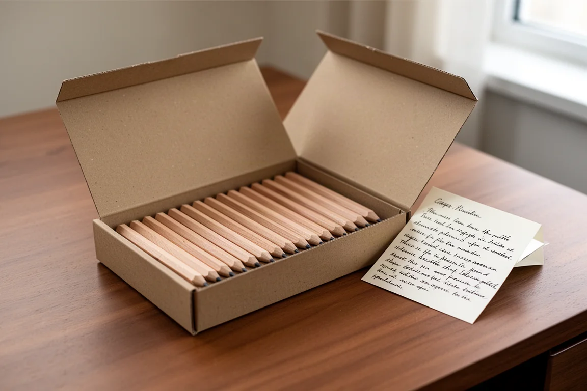 Caja abierta de una docena de lápices de madera empaquetados en filas ordenadas