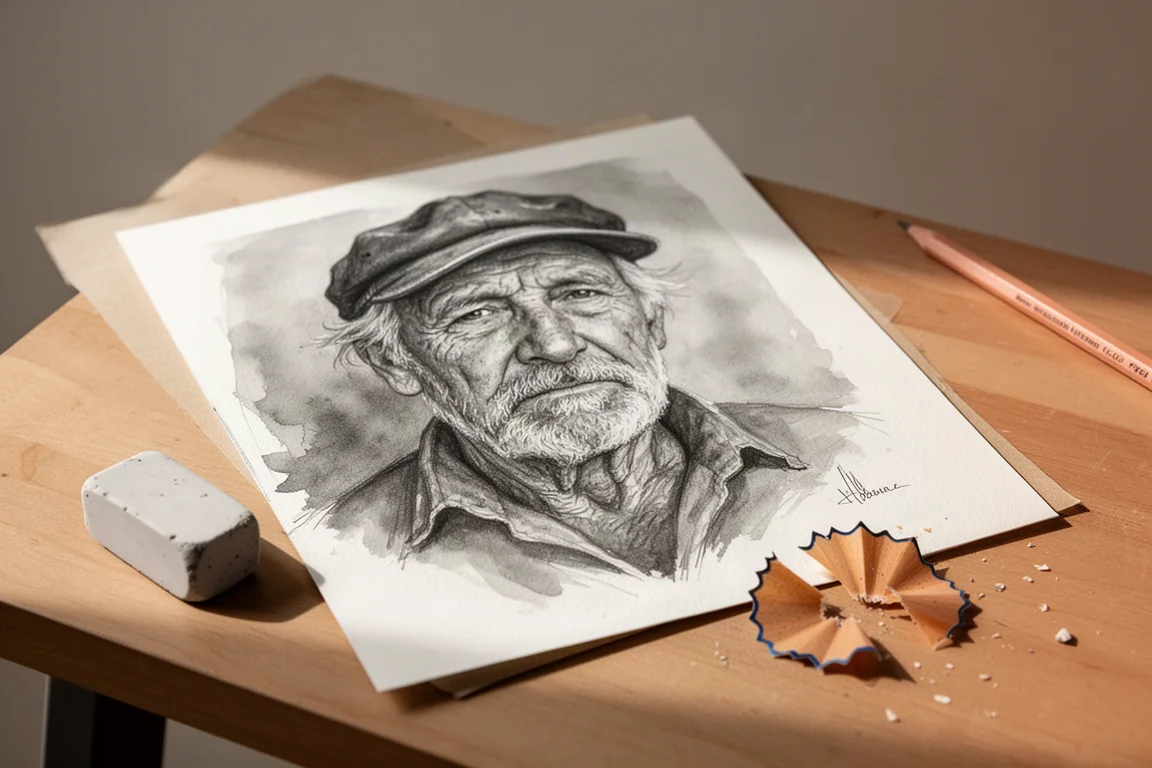 Boceto de retrato a grafito sobre papel de acuarela liso de grano satinado