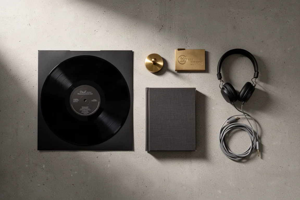 Overhead flat-lay of music gifts including a vinyl record, brass weight, book and headphones