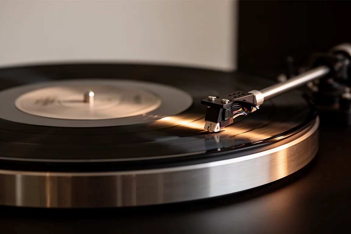 Close-up of a turntable platter spinning with the tonearm lowered onto a record