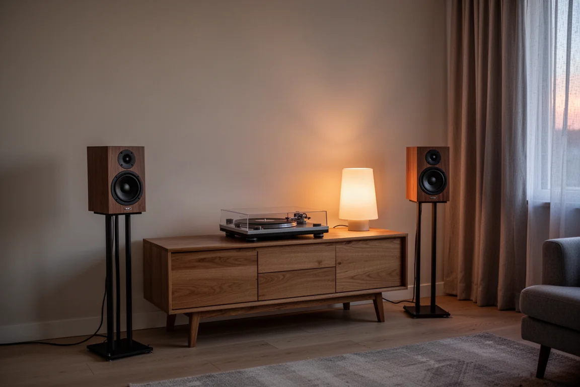 Small bookshelf speakers on stands in a warm living room listening corner at dusk