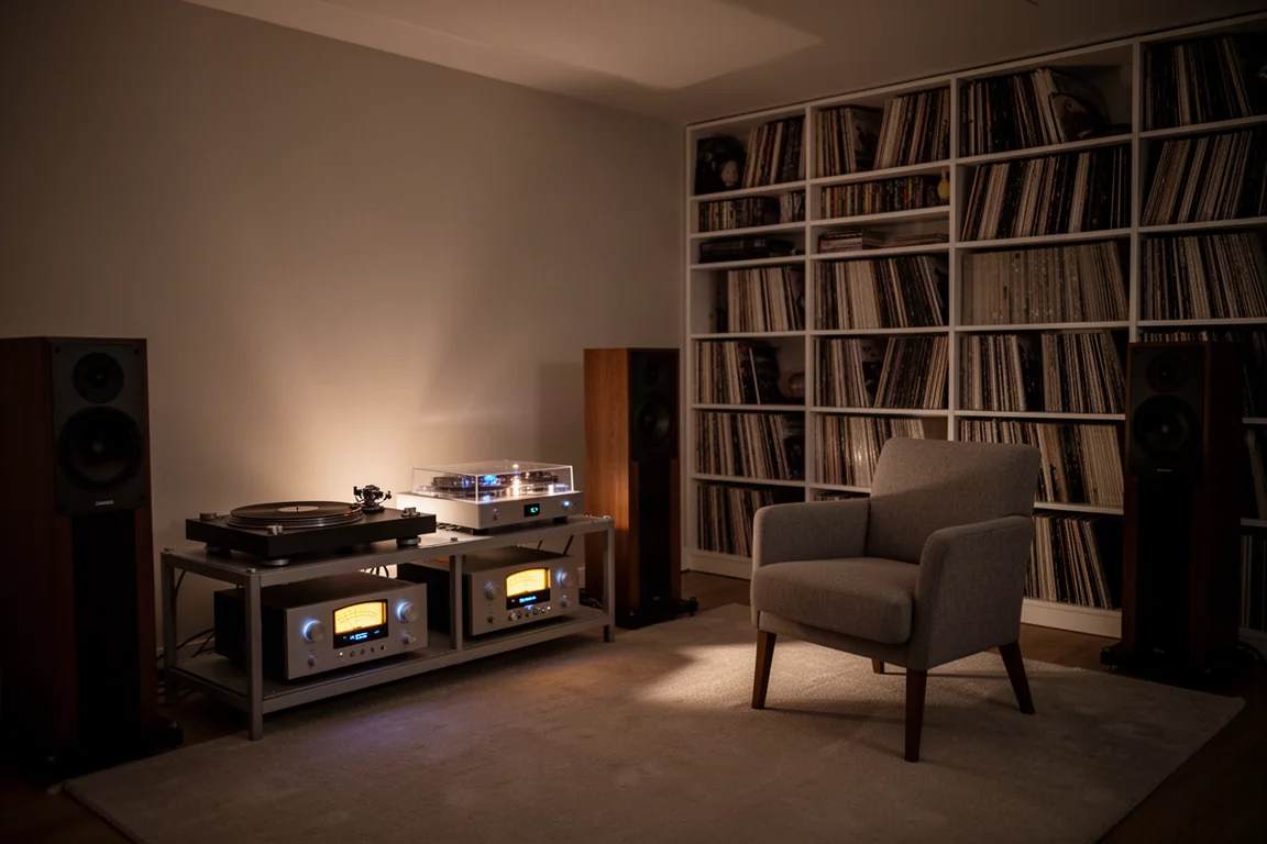 Evening listening room with record shelves, equipment rack, armchair and speakers