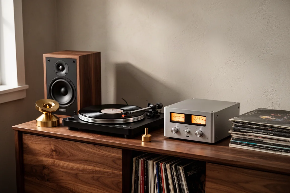 Listening room still life with turntable, brass record weight, speaker, amplifier and vinyl records