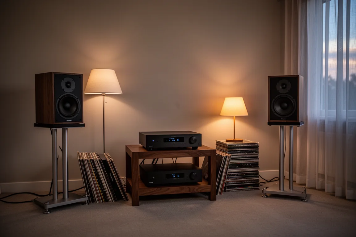 Sala de audição com iluminação suave, rack de hi-fi, caixas standmount e discos de vinil