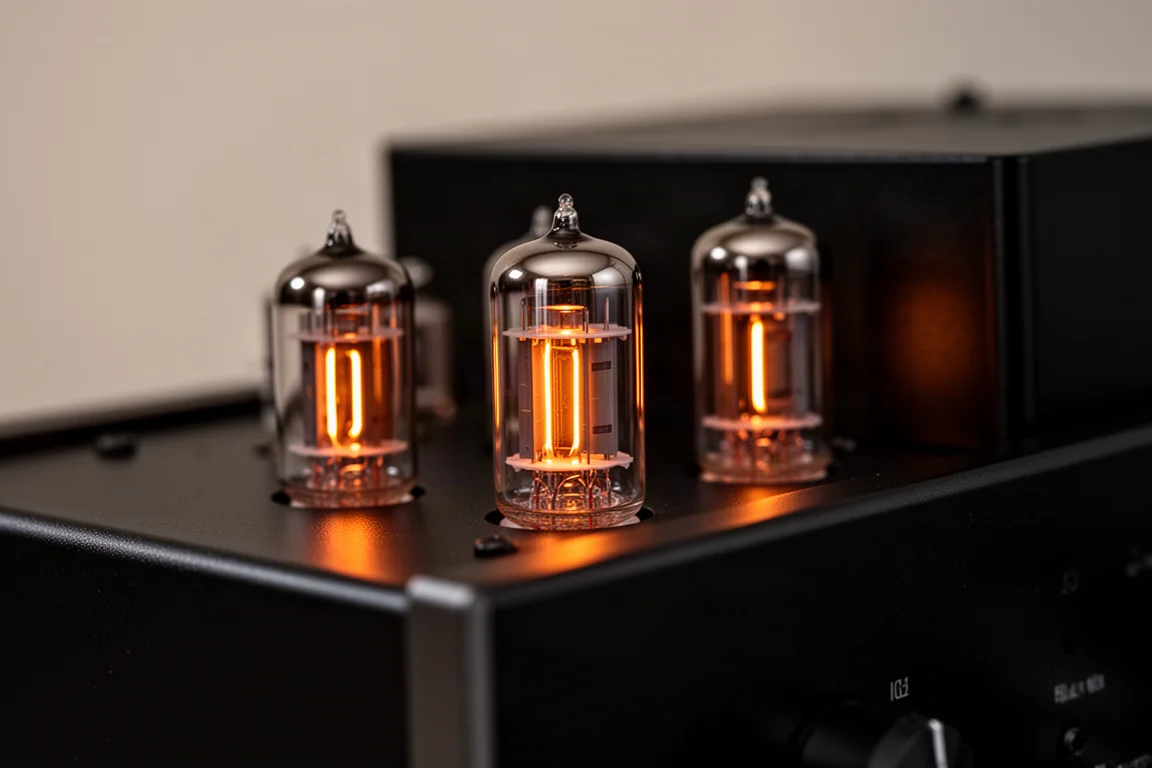Close-up de válvulas incandescentes dentro do chassi de um amplificador hi-fi