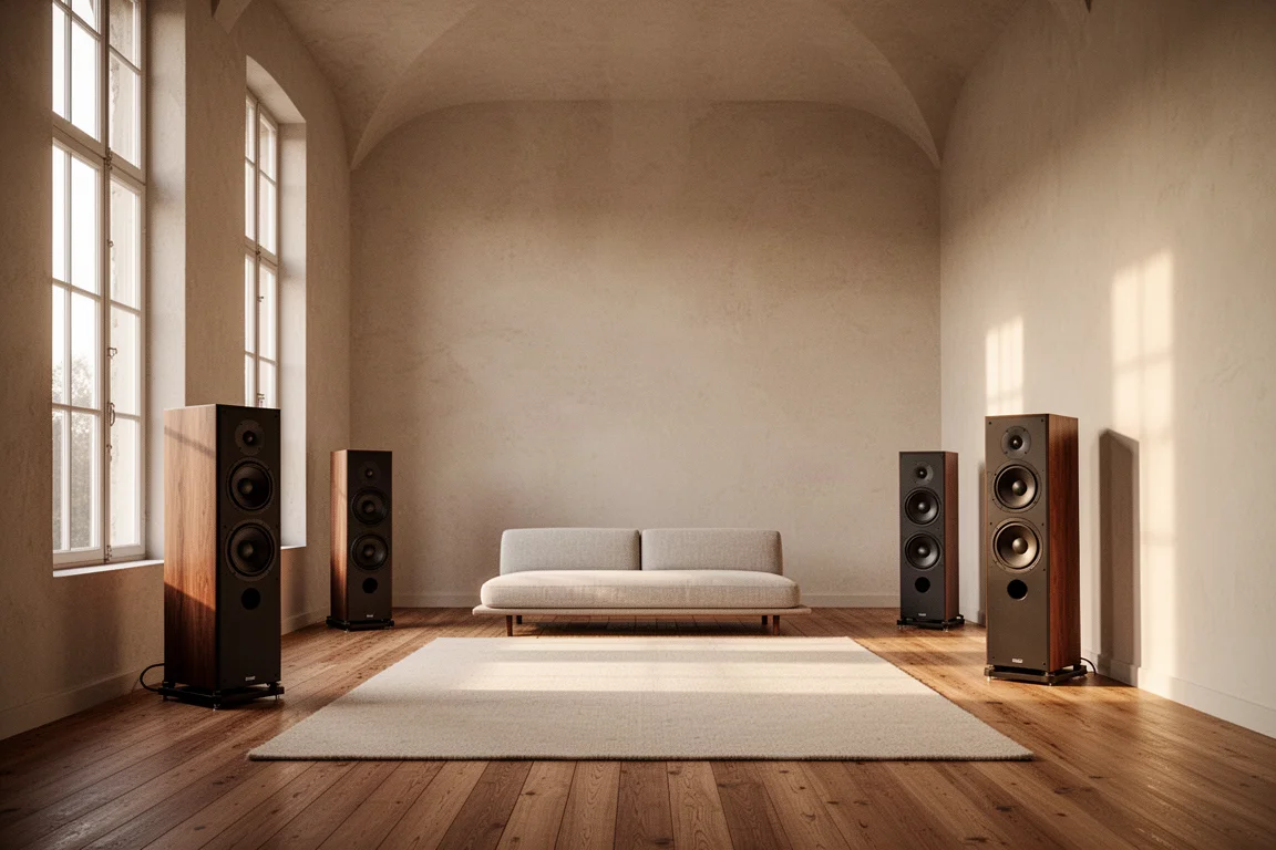 Sala de audição ampla com caixas floorstanding e janelas altas