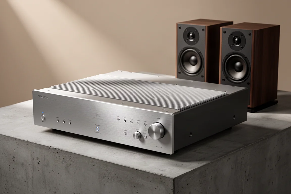 Full-width integrated amplifier with ribbed heatsink top beside compact standmount speakers