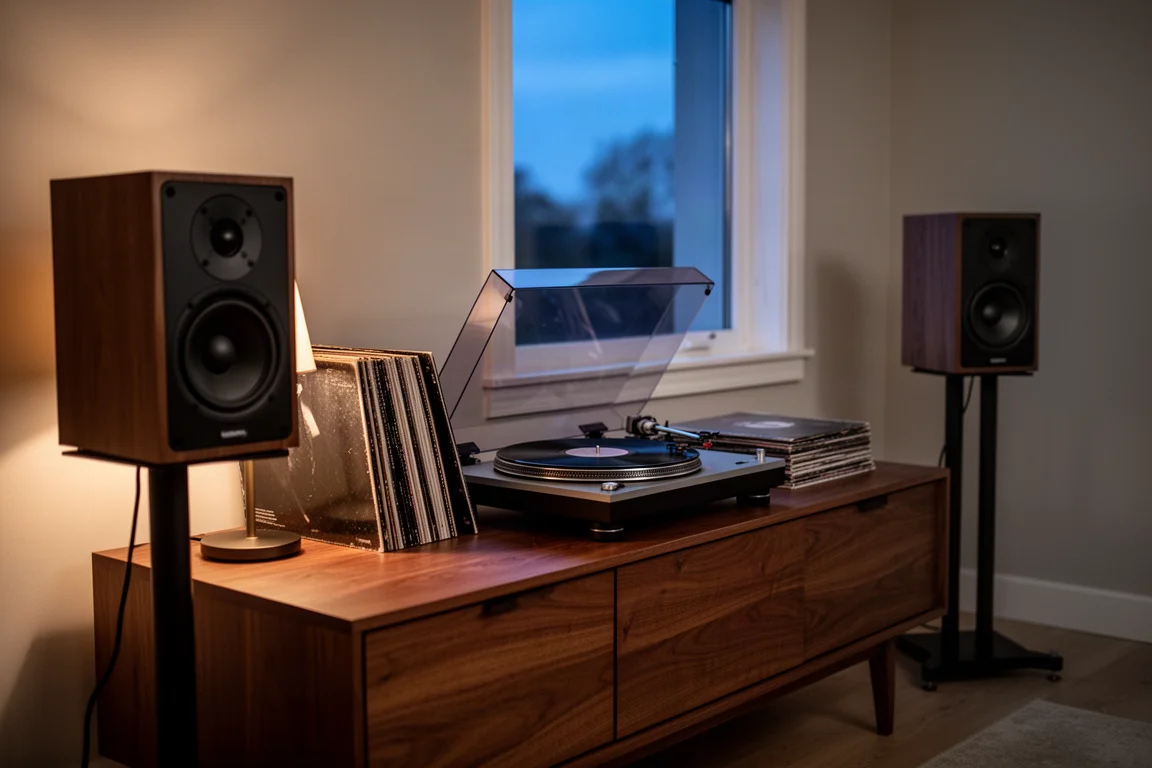 Listening room with a turntable, vinyl records, and standmount speakers at dusk