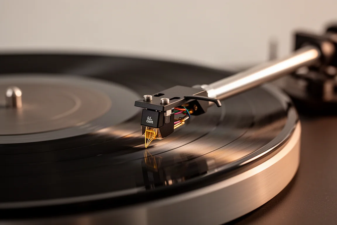 Close-up of a turntable tonearm and moving coil cartridge lowered onto a record