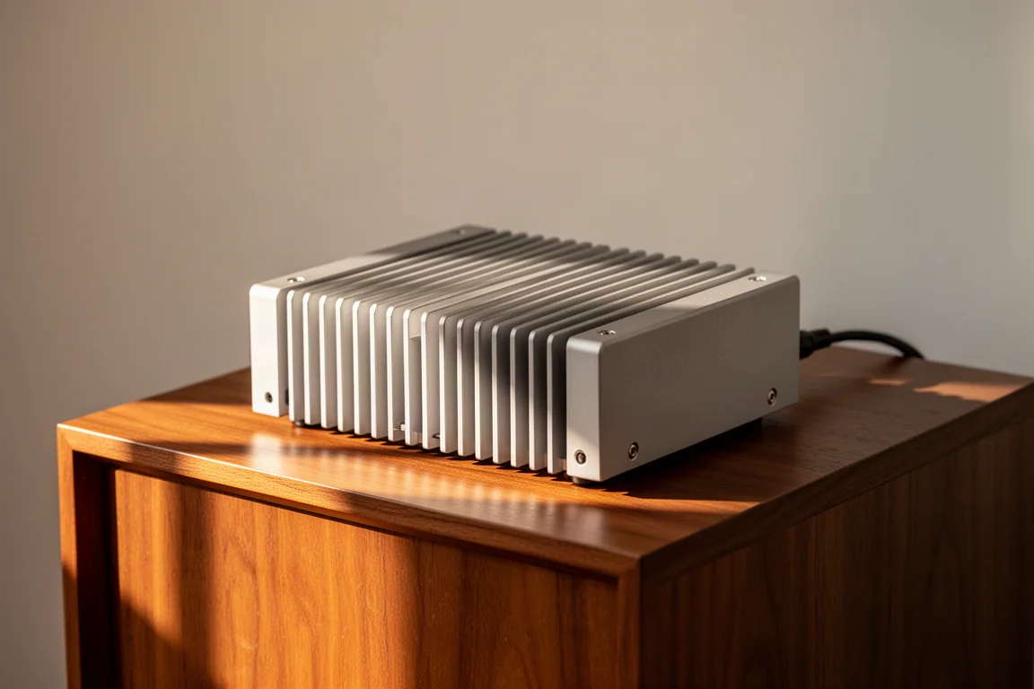 Detail of an amplifier heat sink top plate with open air space above a cabinet