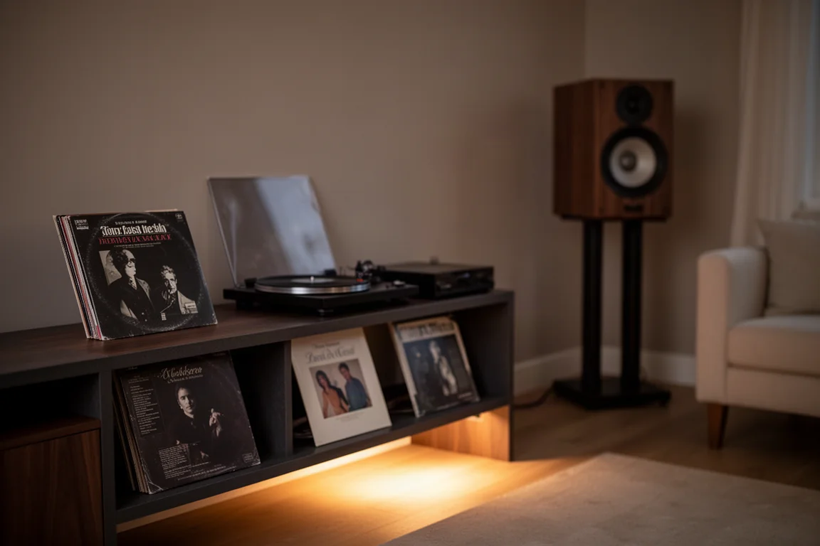 Evening listening scene with speakers, a turntable, and record sleeves nearby