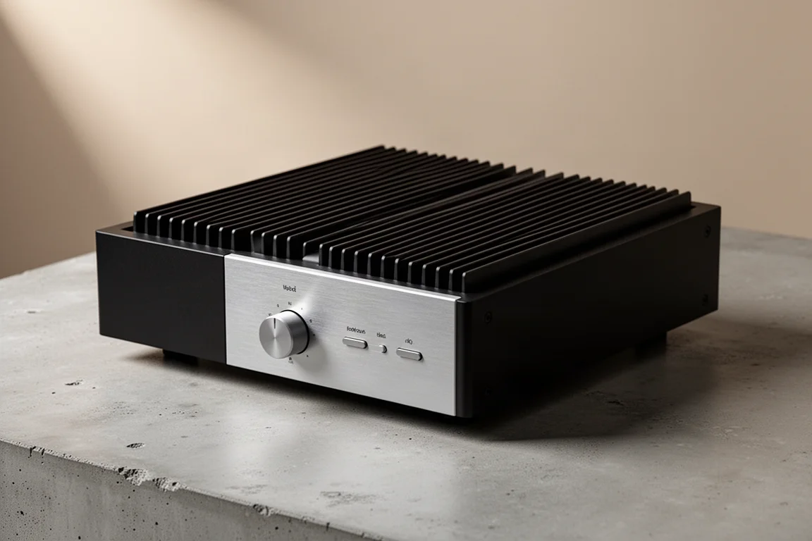 Compact class A integrated amplifier with a ribbed heat sink top plate on concrete