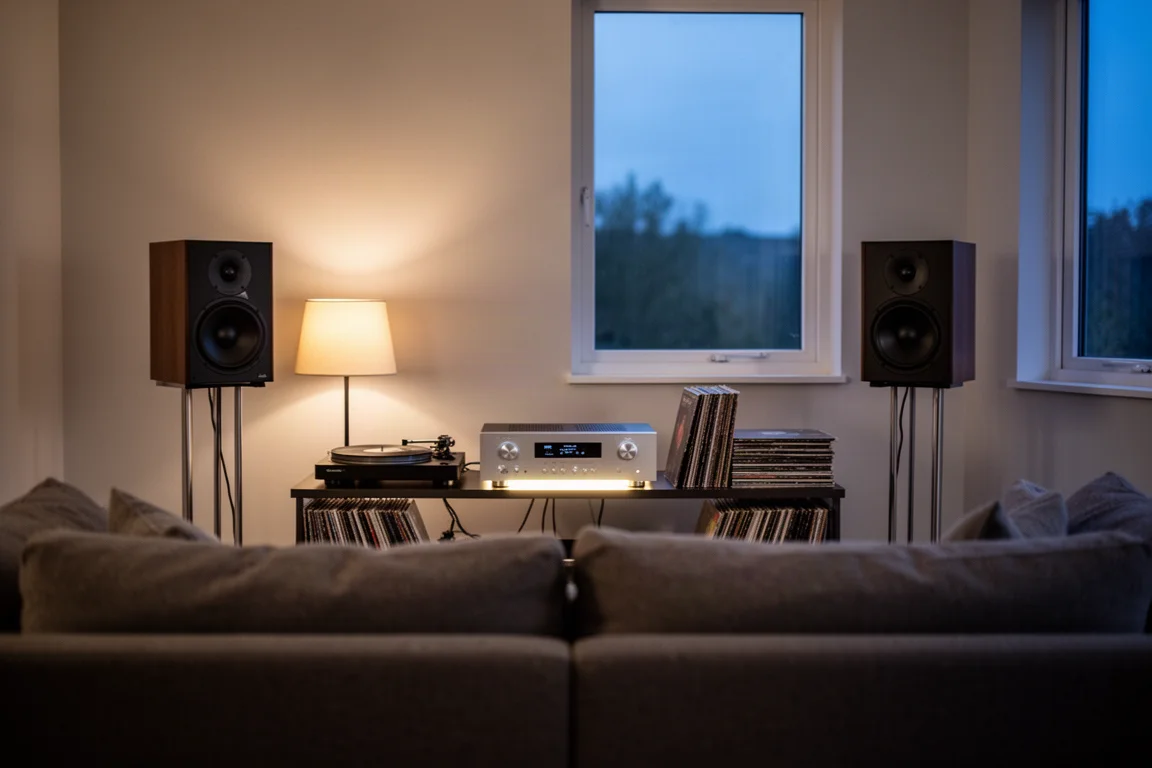 Listening room at dusk with stand-mounted speakers and an amplifier on a low shelf
