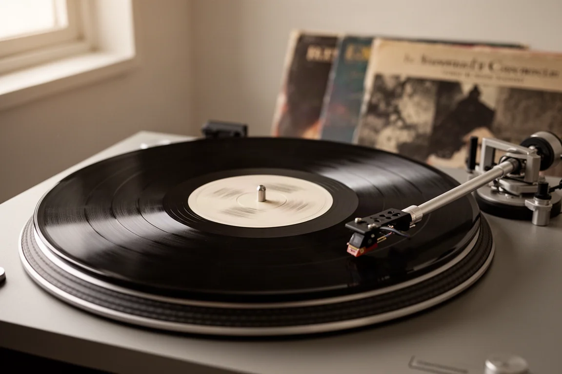 Turntable playing a vinyl record with the tonearm lowered into the groove
