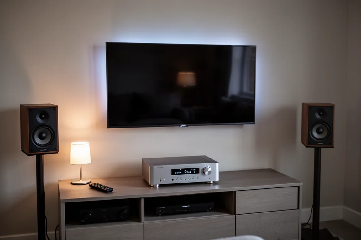 Living room media console with a slim amplifier, two speakers and a wall-mounted television