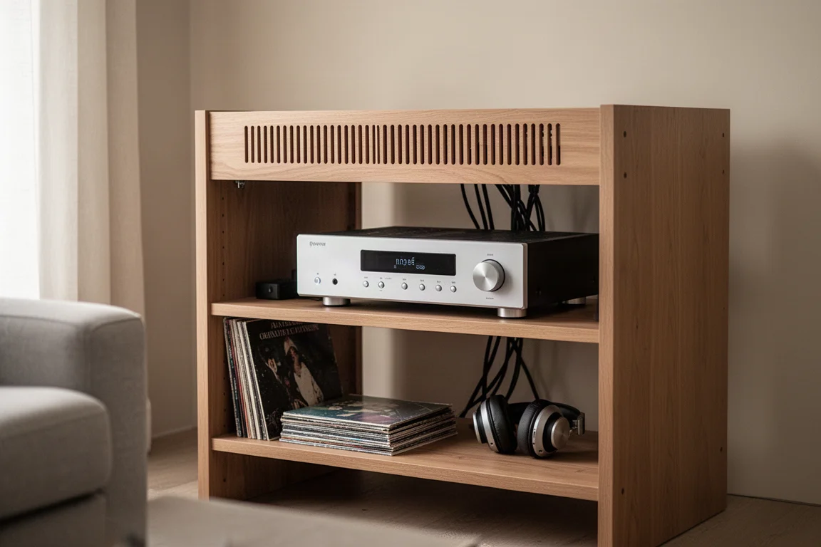 Open hi-fi rack with an amplifier, clear ventilation space above it and headphones below