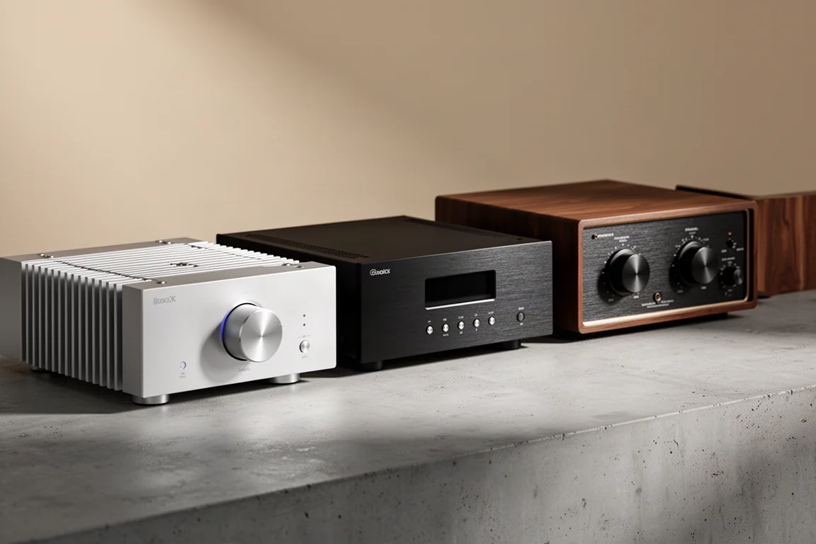 Three integrated stereo amplifiers arranged on a matte concrete surface in soft studio light