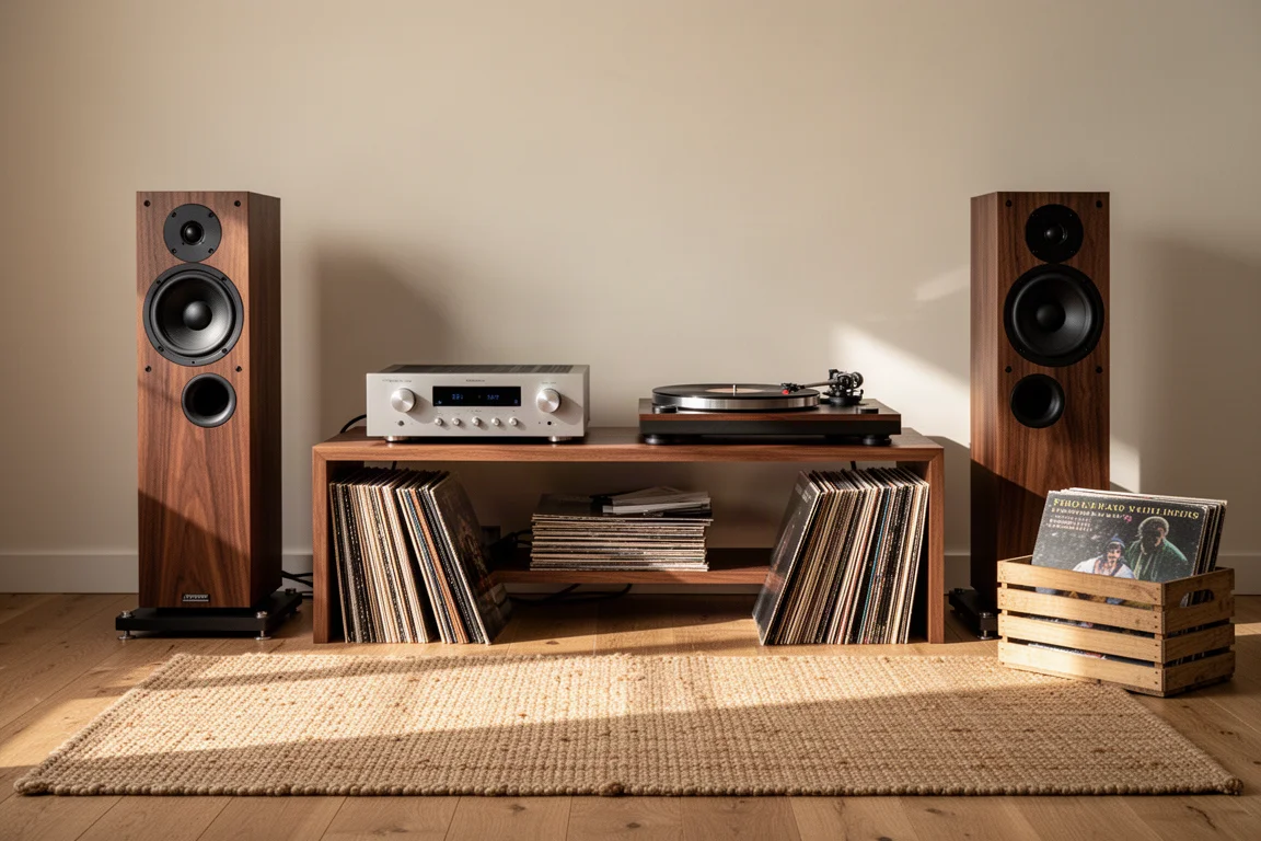 Sala d'ascolto hi-fi ordinata con mensola per amplificatore, giradischi, diffusori da pavimento e dischi in vinile