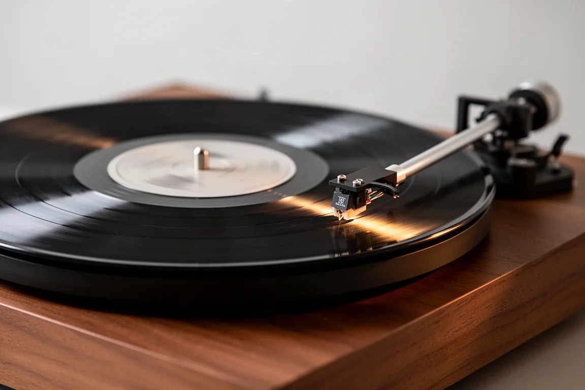 Disco in vinile che ruota su un giradischi con braccio di lettura a fuoco nitido