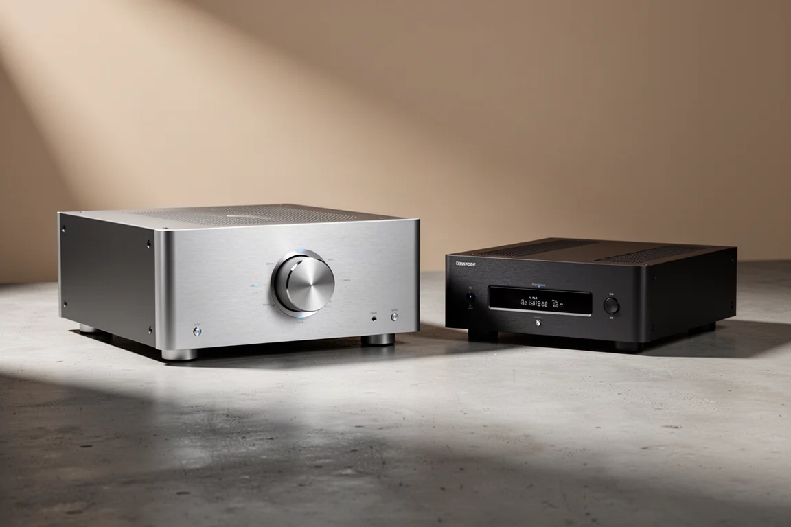 Two integrated stereo amplifiers side by side on a matte concrete surface in soft studio light