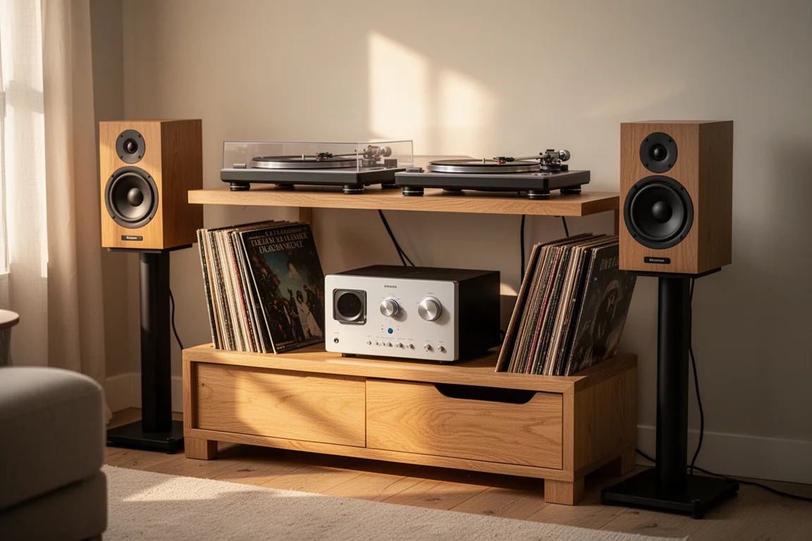 Hi-fi separates system with standmount speakers in a softly lit living room