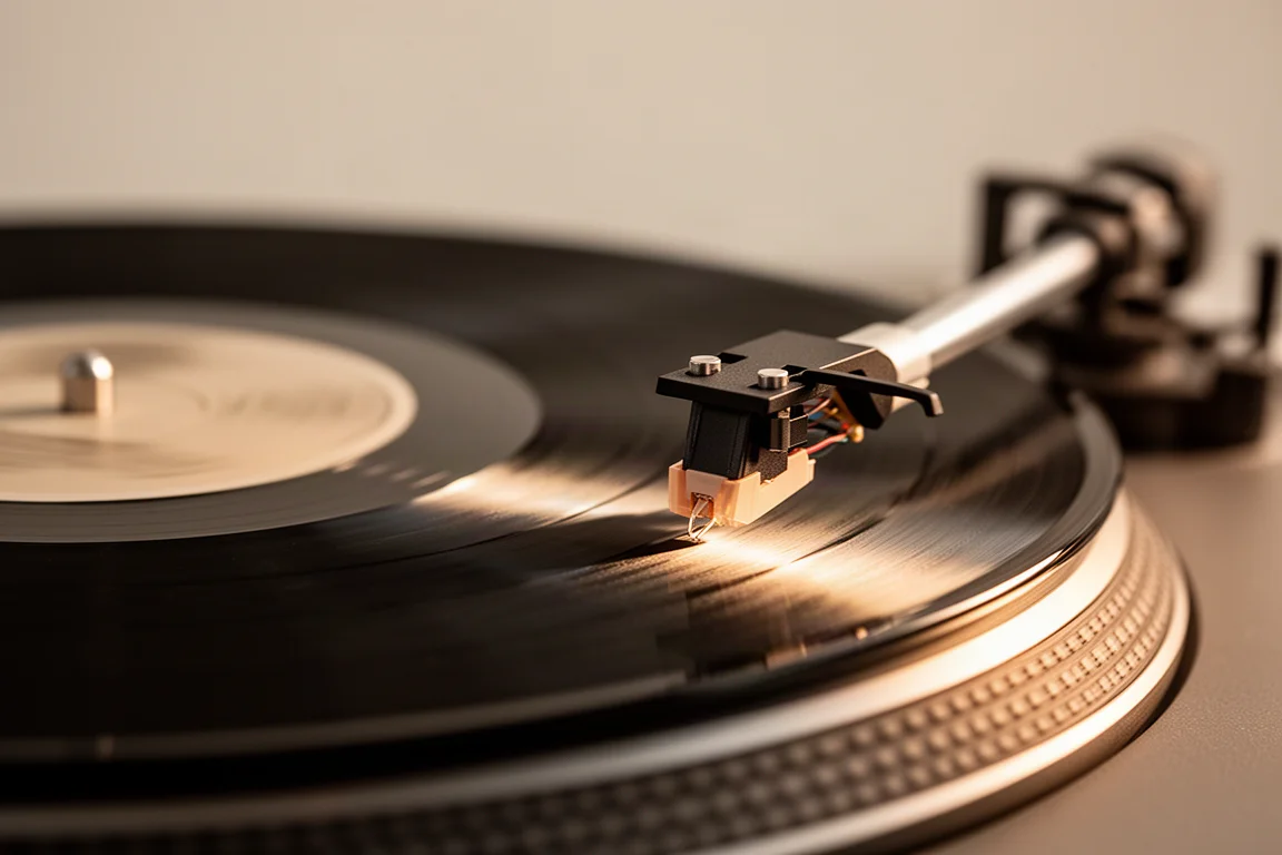Close-up of a vinyl record spinning on a turntable under warm light