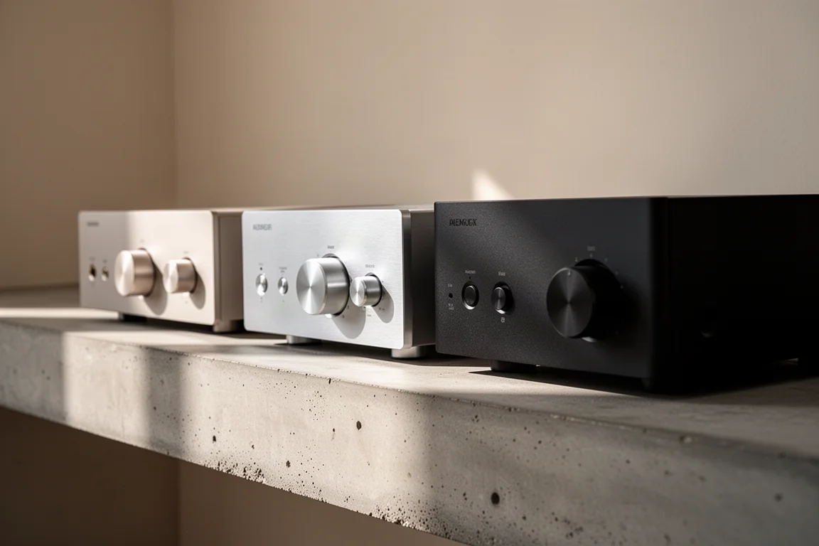 Three integrated amplifiers lined up on a concrete shelf in daylight