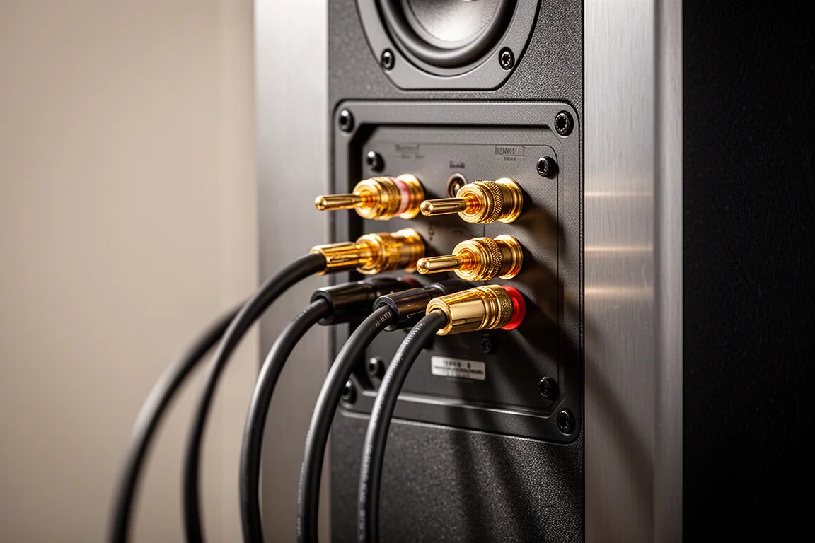 Speaker binding posts and banana plugs with neatly dressed cables