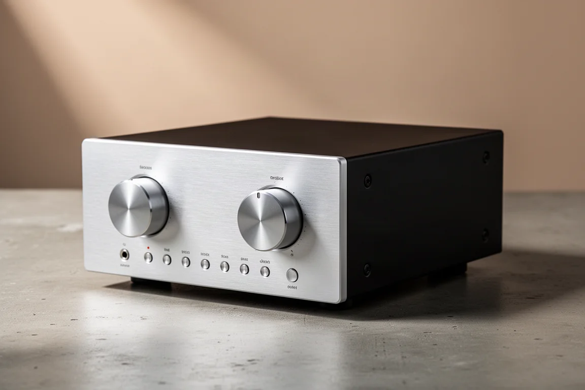 Silver and black integrated hi-fi amplifier photographed on a concrete surface