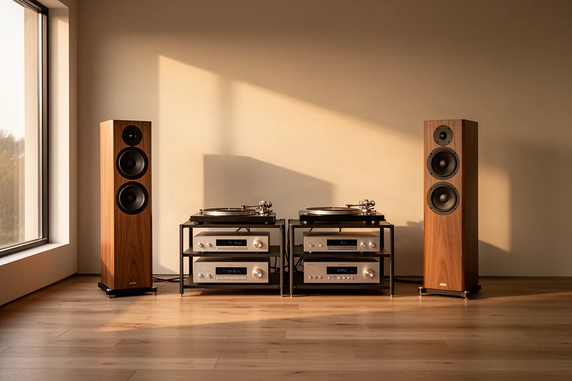 Sala de escucha moderna con altavoces de suelo, tocadiscos y suave luz dorada