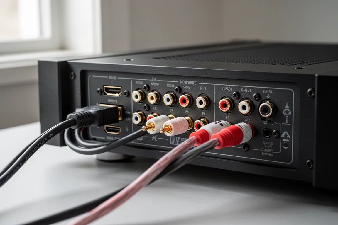 Panel trasero de un amplificador hi-fi con cables HDMI y RCA conectados en fila