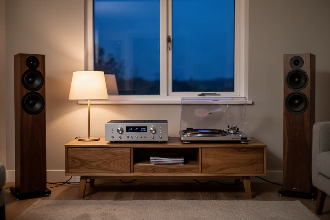 Sistema hi-fi de dos canales en una sala al atardecer con tocadiscos y altavoces de suelo