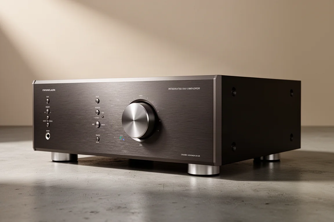 Full-size integrated hi-fi amplifier with brushed dark chassis and large centre volume knob