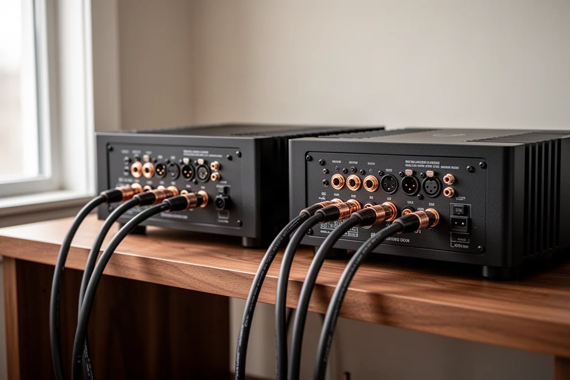 밸런스 XLR 케이블과 스피커 케이블이 연결된 두 대의 하이파이 앰프 후면 패널