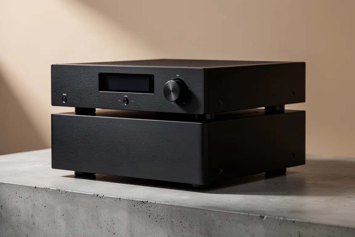 Slim black preamplifier and deeper black power amplifier side by side on a concrete surface
