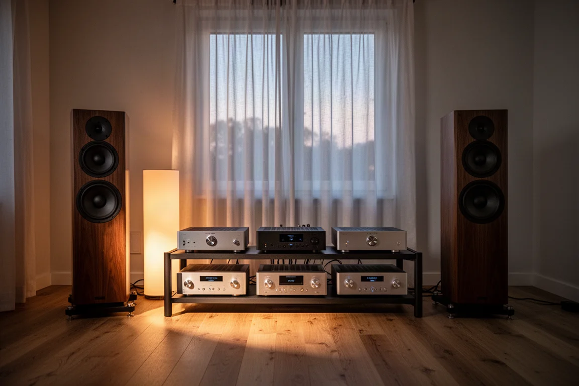 Lyssningsrum med golvhögtalare och ett rack med separata hi-fi-komponenter
