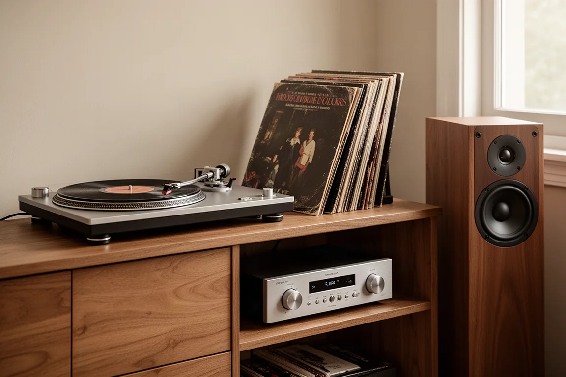 Tvåkanals lyssningsuppsättning med skivspelare och vinylskivor på en hylla