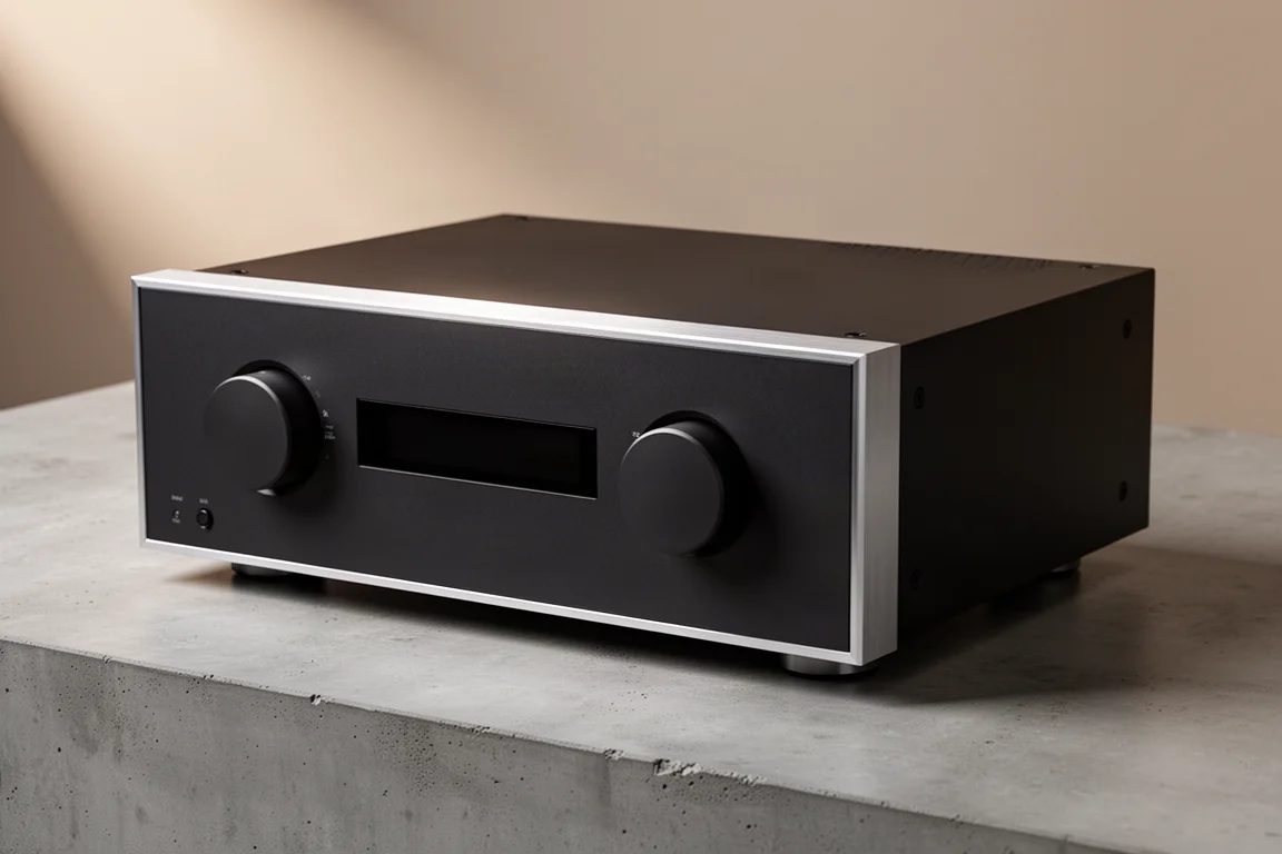 All-analog stereo integrated amplifier with two large front-panel knobs on a concrete surface