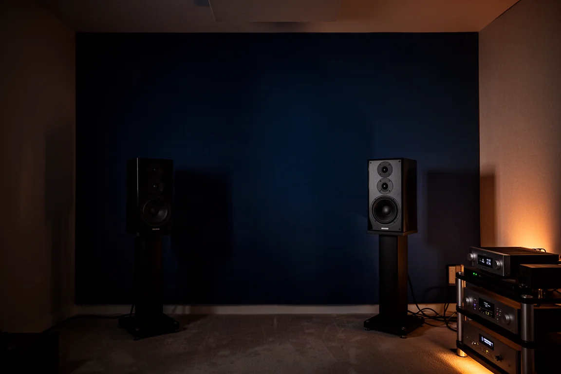Salle d'écoute plongée dans la pénombre la nuit, avec une faible lueur émanant de l'équipement audio