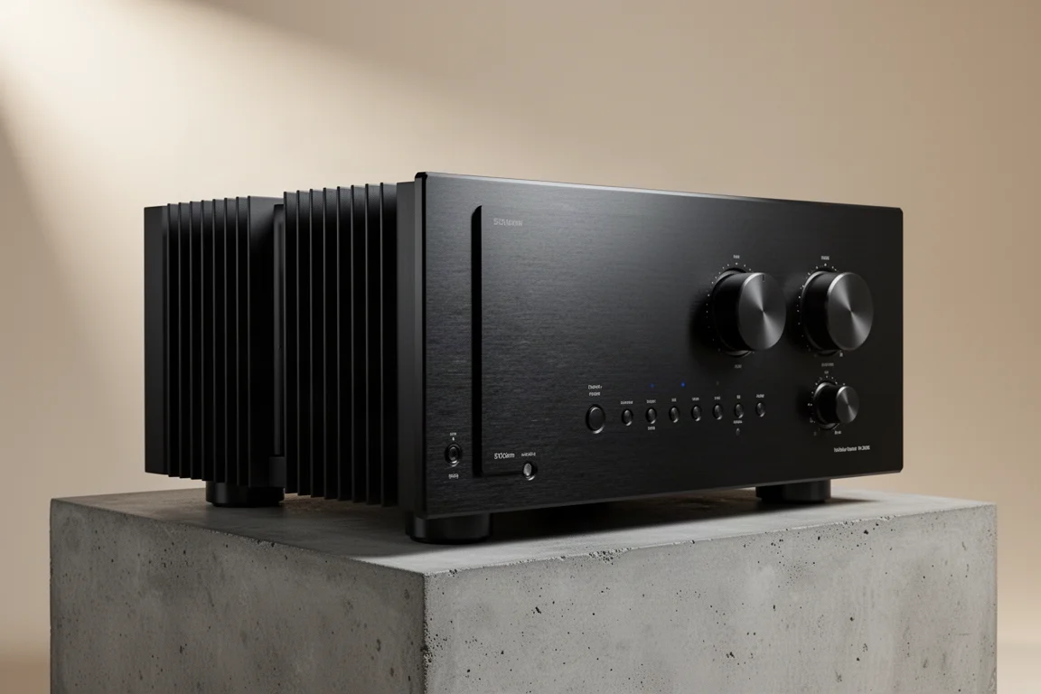 Large black aluminium integrated amplifier with two rotary dials on a concrete plinth