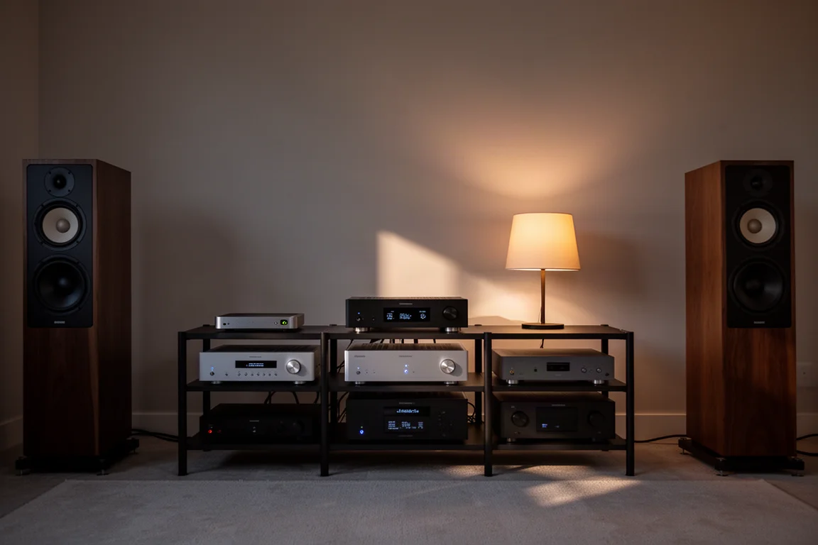 Dimly lit listening room at dusk with hi-fi rack, speakers and a warm lamp